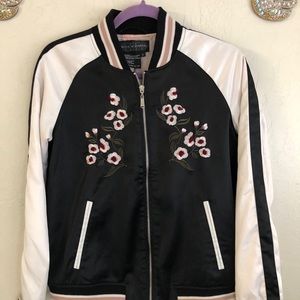 Live A Little Women Jacket Black Cream Embroidered  Flowers Lined Zip Up Size 6